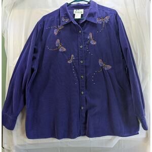 Quacker Factory  Purple Corduroy Embroidered Dragonfly Long Sleeve 1X Shirt